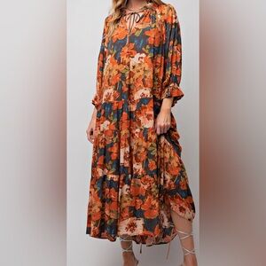 Easel Floral Tiered Maxi Dress Rust Medium